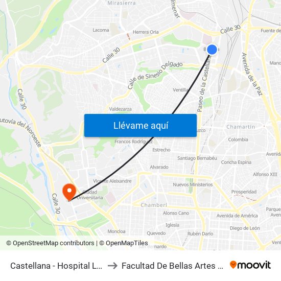 Castellana - Hospital La Paz to Facultad De Bellas Artes (Ucm) map