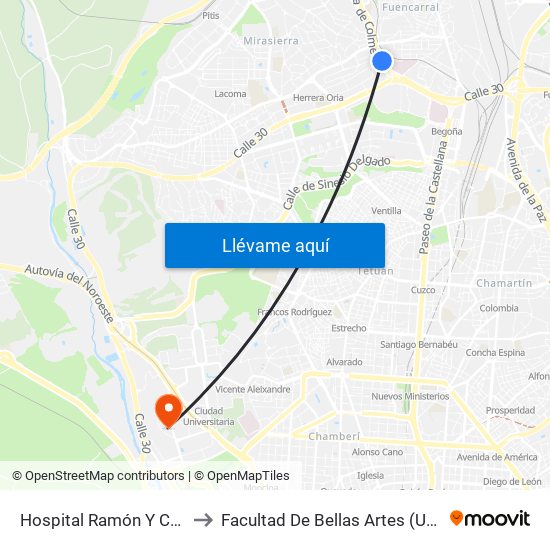 Hospital Ramón Y Cajal to Facultad De Bellas Artes (Ucm) map