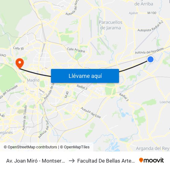 Av. Joan Miró - Montserrat Roig to Facultad De Bellas Artes (Ucm) map