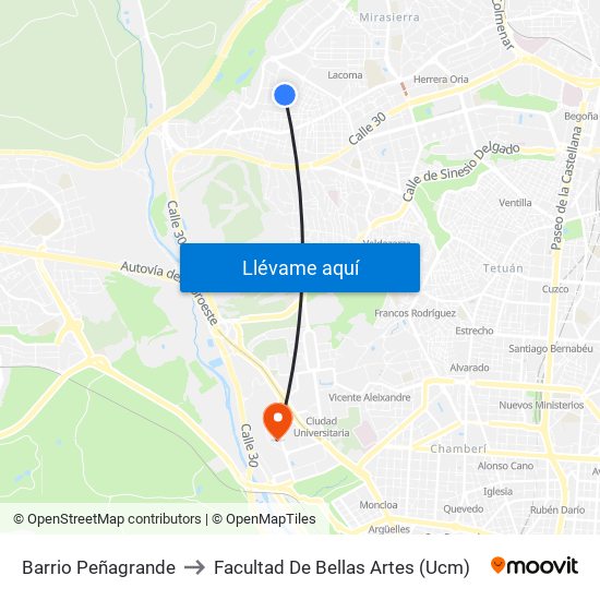 Barrio Peñagrande to Facultad De Bellas Artes (Ucm) map