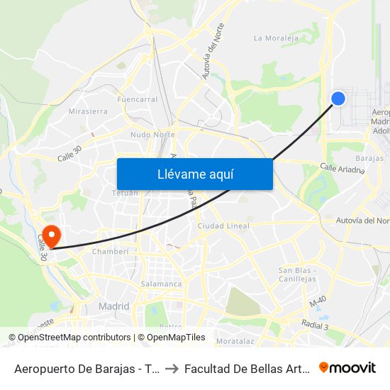 Aeropuerto De Barajas - T4, Madrid to Facultad De Bellas Artes (Ucm) map