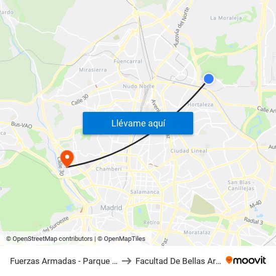 Fuerzas Armadas - Parque Valdebebas to Facultad De Bellas Artes (Ucm) map