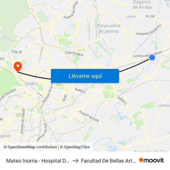 Mateo Inurria - Hospital De Torrejón to Facultad De Bellas Artes (Ucm) map