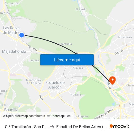 C.º Tomillarón - San Pablo to Facultad De Bellas Artes (Ucm) map