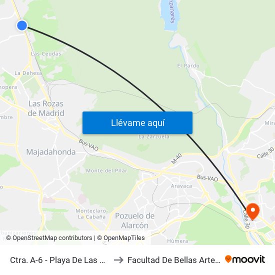 Ctra. A-6 - Playa De Las Américas to Facultad De Bellas Artes (Ucm) map