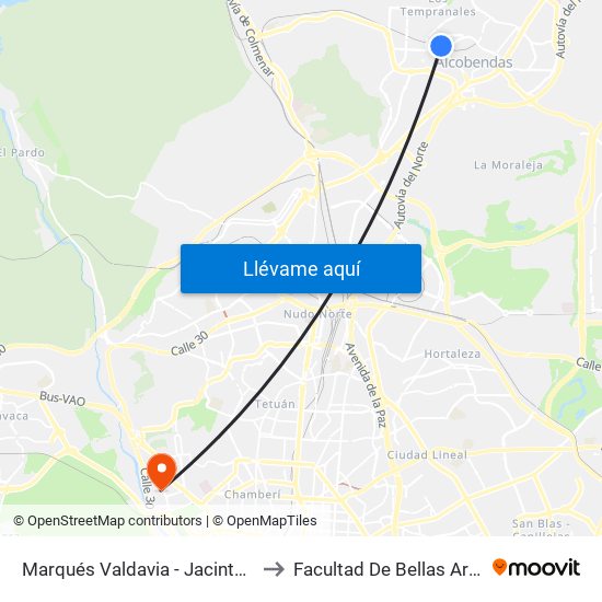 Marqués Valdavia - Jacinto Benavente to Facultad De Bellas Artes (Ucm) map