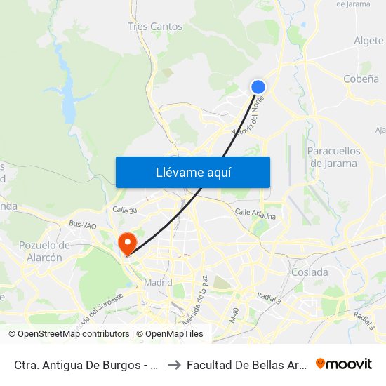 Ctra. Antigua De Burgos - C. C. Alegra to Facultad De Bellas Artes (Ucm) map