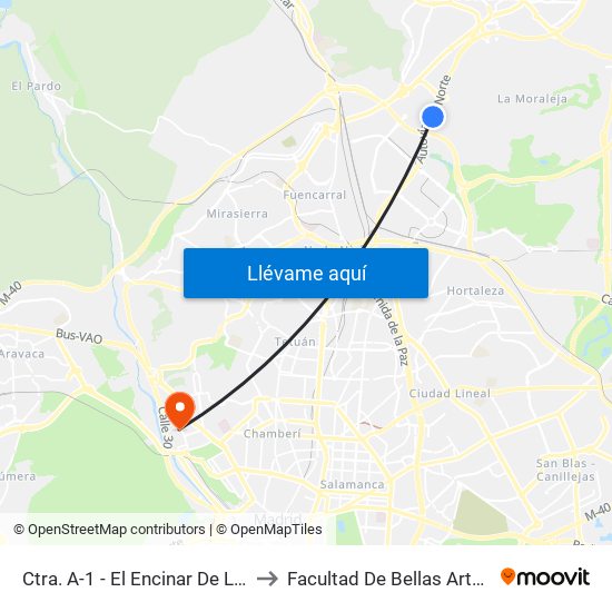 Ctra. A-1 - El Encinar De Los Reyes to Facultad De Bellas Artes (Ucm) map