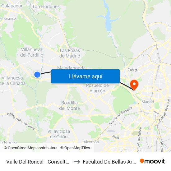 Valle Del Roncal - Consultorio Médico to Facultad De Bellas Artes (Ucm) map