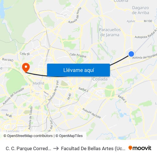 C. C. Parque Corredor to Facultad De Bellas Artes (Ucm) map