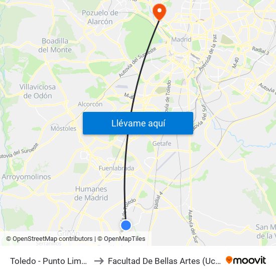 Toledo - Punto Limpio to Facultad De Bellas Artes (Ucm) map