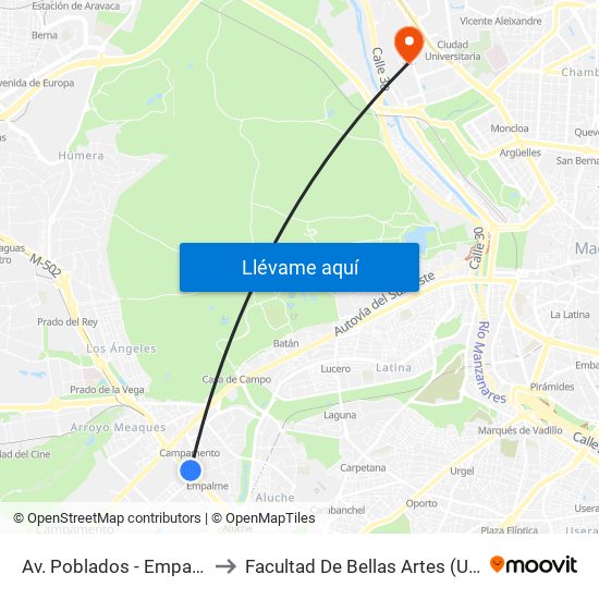 Av. Poblados - Empalme to Facultad De Bellas Artes (Ucm) map
