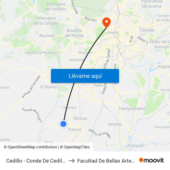 Cedillo - Conde De Cedillo Nº20 to Facultad De Bellas Artes (Ucm) map