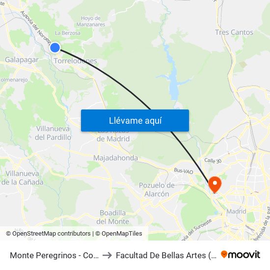 Monte Peregrinos - Colegio to Facultad De Bellas Artes (Ucm) map