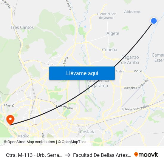 Ctra. M-113 - Urb. Serracines I to Facultad De Bellas Artes (Ucm) map