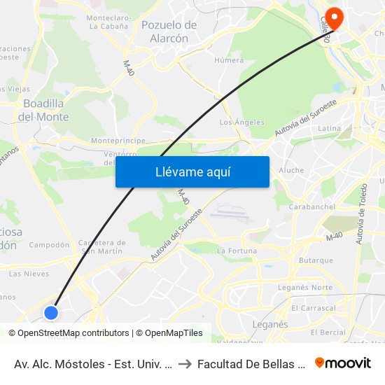 Av. Alc. Móstoles - Est. Univ. Rey Juan Carlos to Facultad De Bellas Artes (Ucm) map