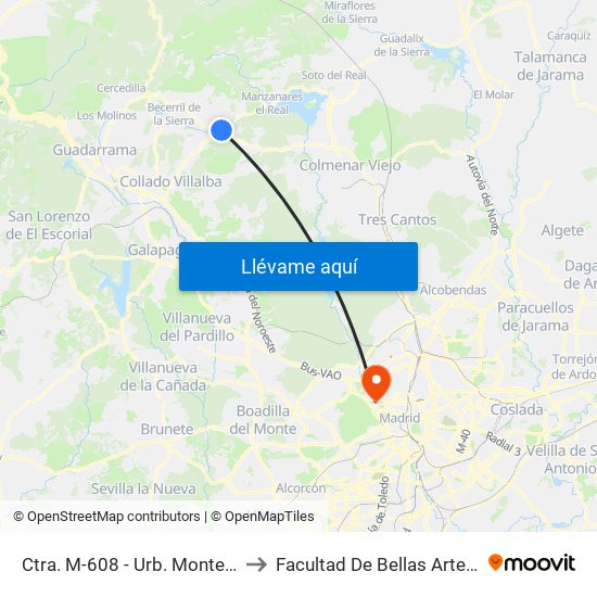 Ctra. M-608 - Urb. Montes Claros to Facultad De Bellas Artes (Ucm) map