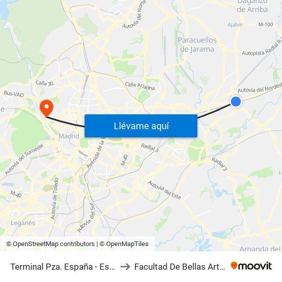 Terminal Pza. España - Est. Torrejón to Facultad De Bellas Artes (Ucm) map