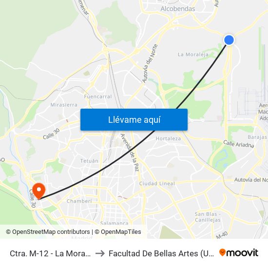 Ctra. M-12 - La Moraleja to Facultad De Bellas Artes (Ucm) map