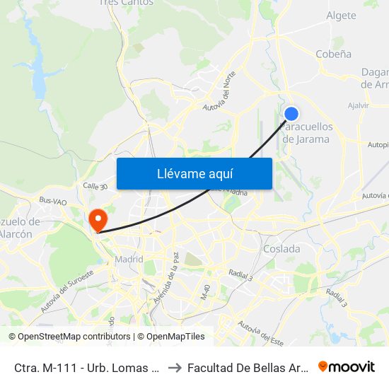 Ctra. M-111 - Urb. Lomas Del Jarama to Facultad De Bellas Artes (Ucm) map