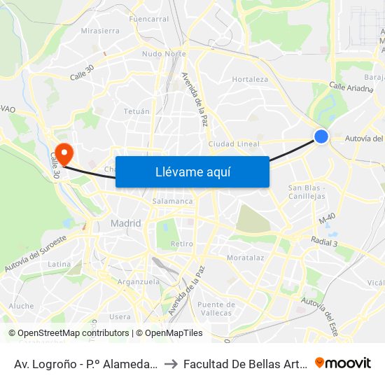 Av. Logroño - P.º Alameda De Osuna to Facultad De Bellas Artes (Ucm) map