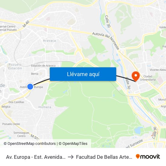 Av. Europa - Est. Avenida Europa to Facultad De Bellas Artes (Ucm) map
