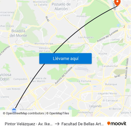 Pintor Velázquez - Av. Iker Casillas to Facultad De Bellas Artes (Ucm) map