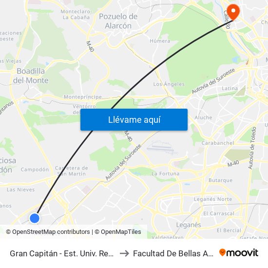 Gran Capitán - Est. Univ. Rey Juan Carlos to Facultad De Bellas Artes (Ucm) map