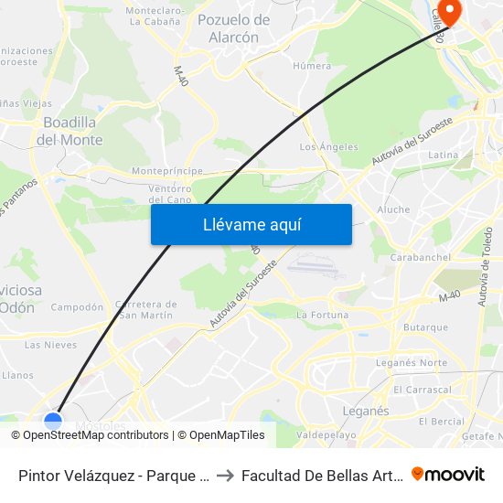 Pintor Velázquez - Parque De El Soto to Facultad De Bellas Artes (Ucm) map