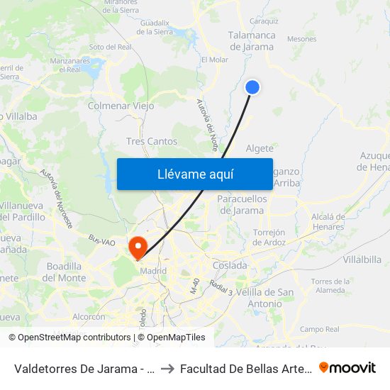 Valdetorres De Jarama - Soledad to Facultad De Bellas Artes (Ucm) map