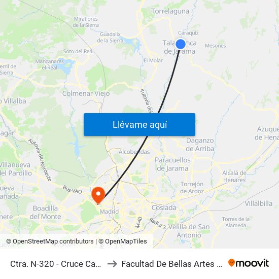 Ctra. N-320 - Cruce Caraquiz to Facultad De Bellas Artes (Ucm) map