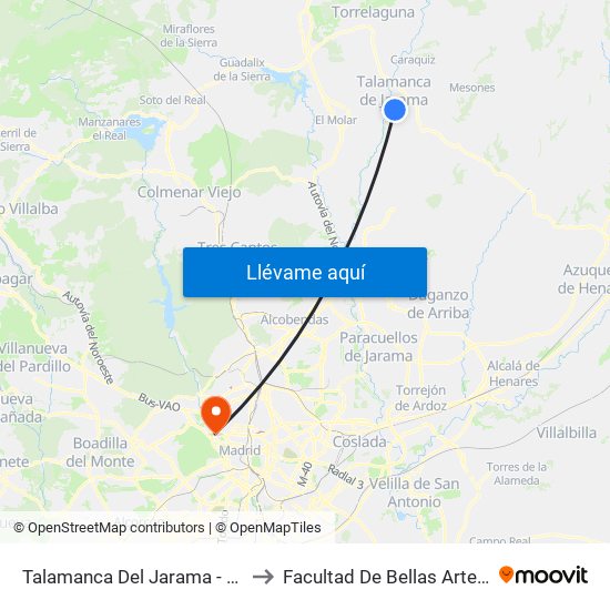 Talamanca Del Jarama - Escuelas to Facultad De Bellas Artes (Ucm) map