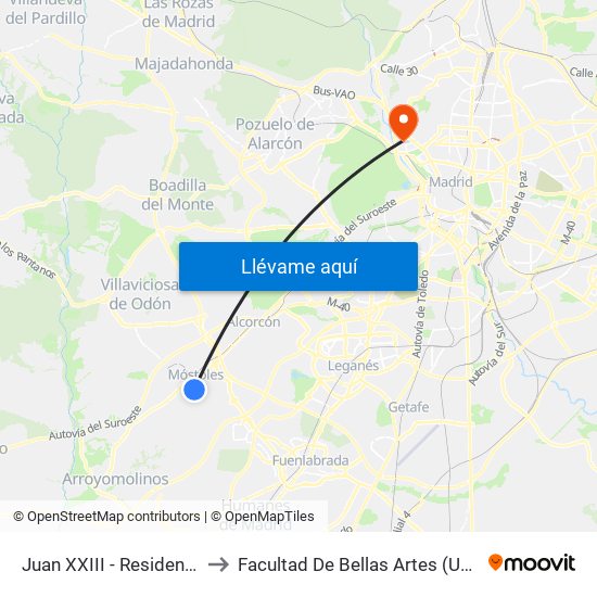 Juan XXIII - Residencia to Facultad De Bellas Artes (Ucm) map