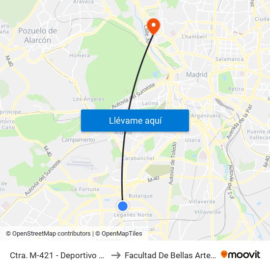 Ctra. M-421 - Deportivo Butarque to Facultad De Bellas Artes (Ucm) map