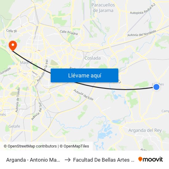 Arganda - Antonio Machado to Facultad De Bellas Artes (Ucm) map