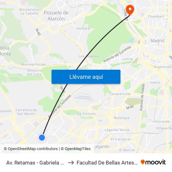Av. Retamas - Gabriela Mistral to Facultad De Bellas Artes (Ucm) map