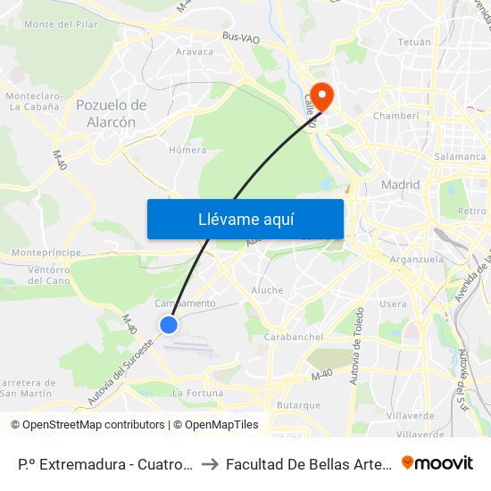 P.º Extremadura - Cuatro Vientos to Facultad De Bellas Artes (Ucm) map