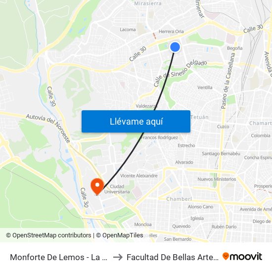 Monforte De Lemos - La Vaguada to Facultad De Bellas Artes (Ucm) map