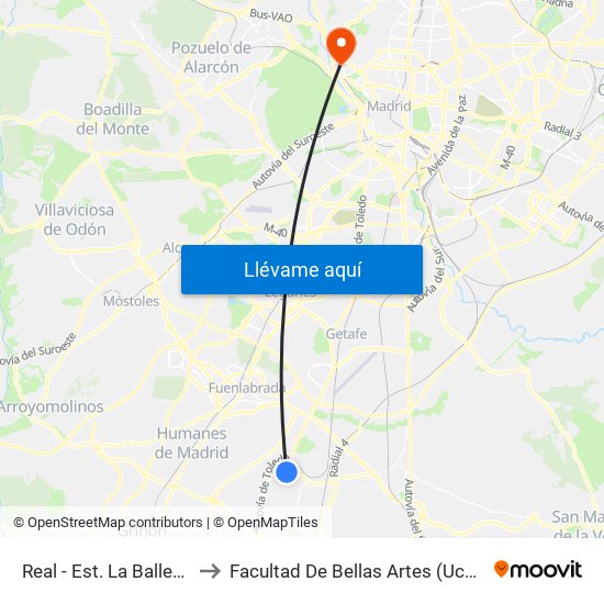 Real - Est. La Ballena to Facultad De Bellas Artes (Ucm) map