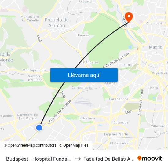 Budapest - Hospital Fundación Alcorcón to Facultad De Bellas Artes (Ucm) map