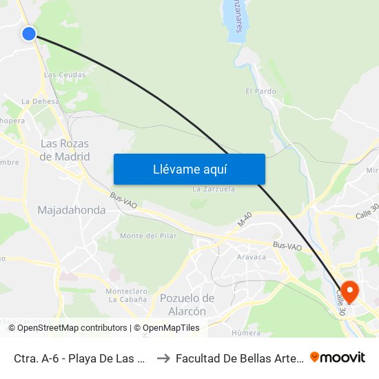 Ctra. A-6 - Playa De Las Américas to Facultad De Bellas Artes (Ucm) map