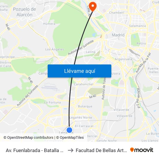 Av. Fuenlabrada - Batalla De Brunete to Facultad De Bellas Artes (Ucm) map