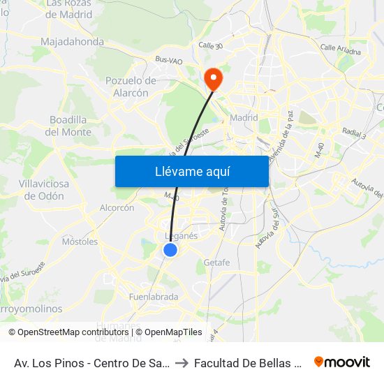 Av. Los Pinos - Centro De Salud Y Gerencia to Facultad De Bellas Artes (Ucm) map