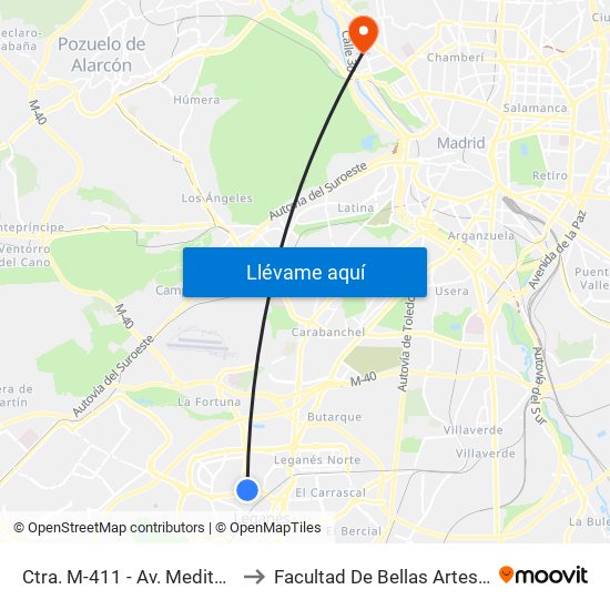 Ctra. M-411 - Av. Mediterráneo to Facultad De Bellas Artes (Ucm) map