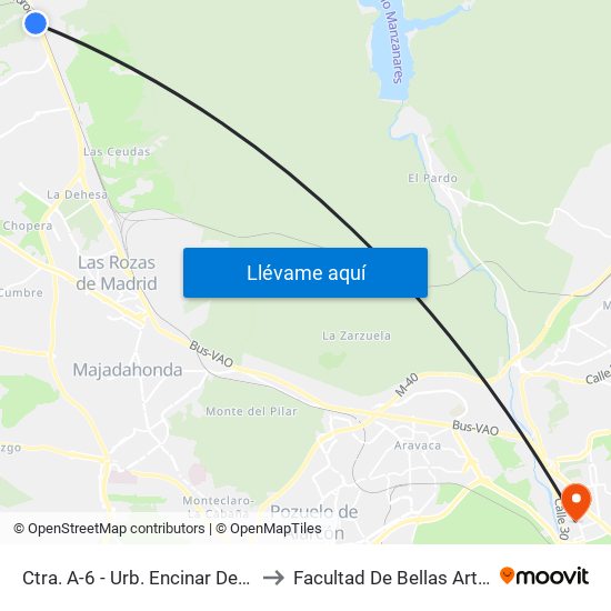Ctra. A-6 - Urb. Encinar De Las Rozas to Facultad De Bellas Artes (Ucm) map