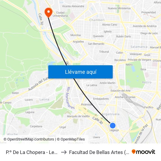 P.º De La Chopera - Legazpi to Facultad De Bellas Artes (Ucm) map