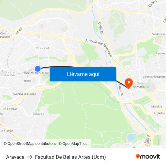 Aravaca to Facultad De Bellas Artes (Ucm) map
