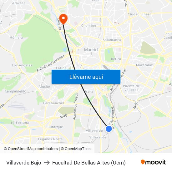Villaverde Bajo to Facultad De Bellas Artes (Ucm) map