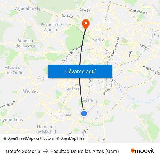Getafe Sector 3 to Facultad De Bellas Artes (Ucm) map