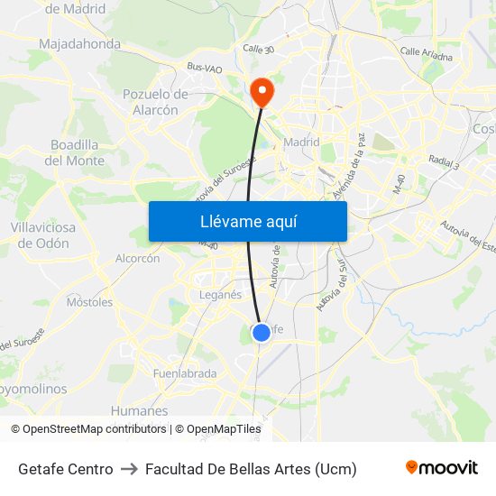 Getafe Centro to Facultad De Bellas Artes (Ucm) map